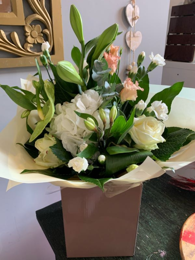 My Darling - A graceful hand-tied bouquet in elegant white and soft blush tones, beautifully arranged with seasonal flowers for any special occasion.