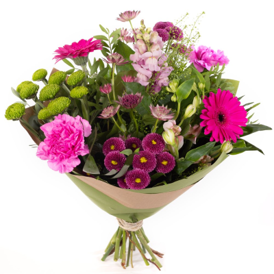 Pretty in Pink - A pretty wrapped bouquet in fresh pink and soft white tones, beautifully finished with lush greenery.