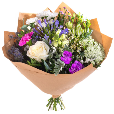 Raspberry Pop - A vibrant wrapped bouquet in rich pink, purple and soft cream tones, finished with fresh greenery.