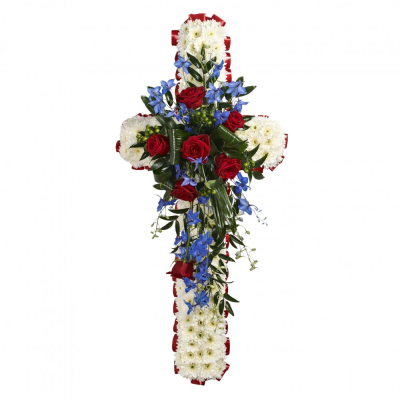 Cross Tribute - This classic 120cm cross is made using massed white flowers, complemented with a red and blue spray.