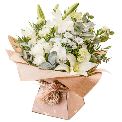 Pure Elegance - A beautifully elegant hand-tied bouquet in fresh white and green tones, carefully presented in a stylish gift bag.